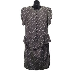 Vtg 80s Liz Roberts Black White Ruched Short Sleeve Dress Size 12